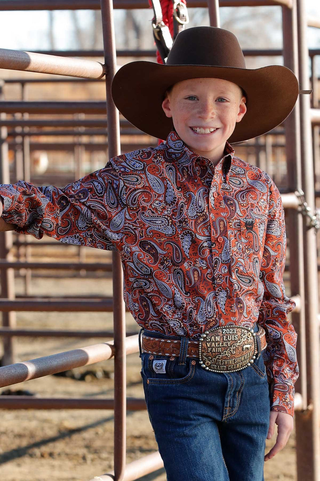 Boy's Paisley Print Button-Down Western Shirt - Orange