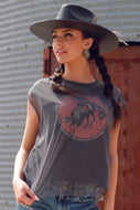 WOMEN'S BUCKING BRONC MESH TOP- CHARCOAL