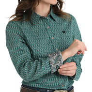 Women's Geometric Print Button-Down Western Shirt - Teal