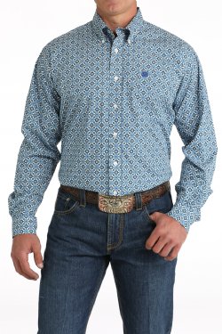 Men's Geometric Print Button-Down Western Shirt - Blue/White