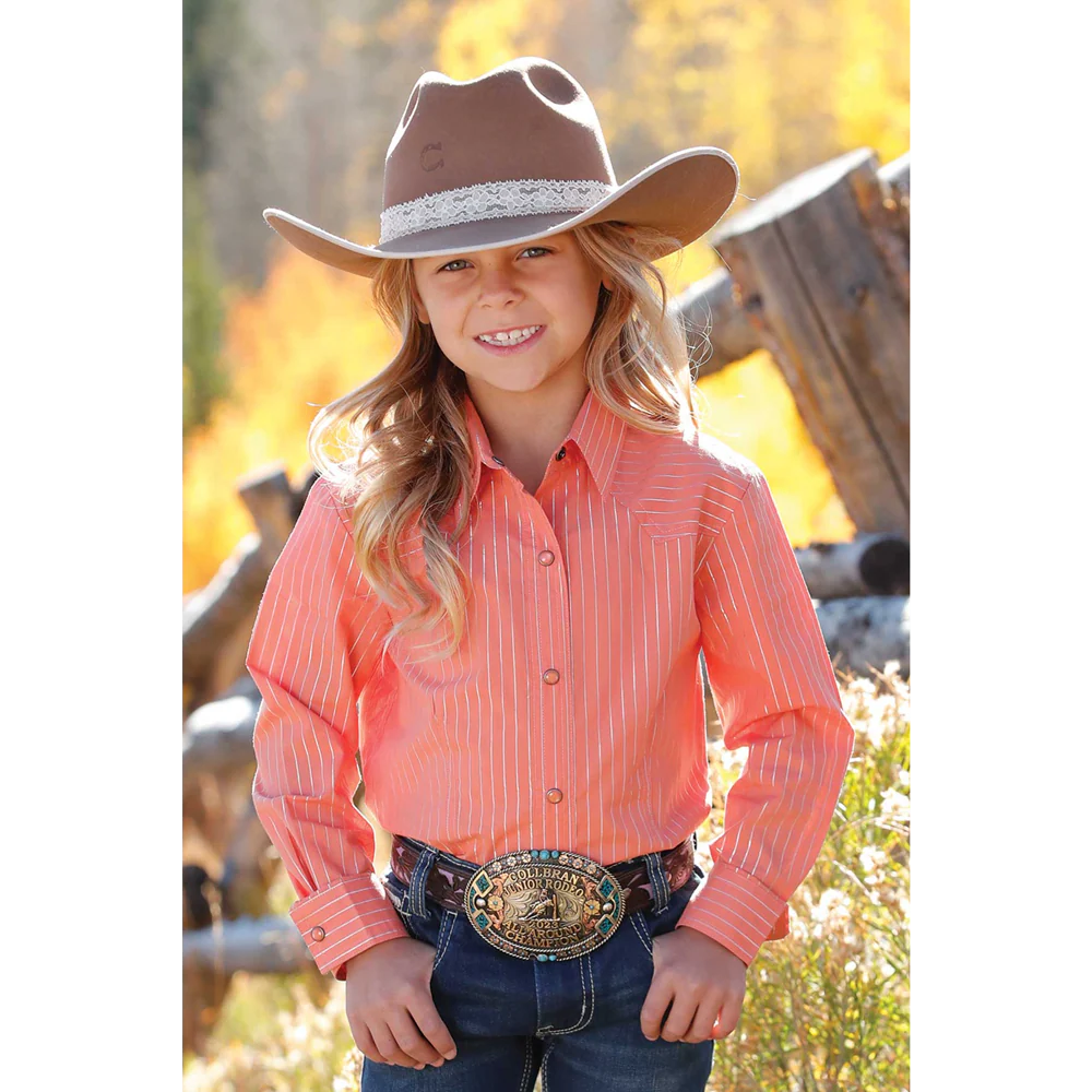 Cruel Girl Girls' Long Sleeve Metallic Stripe Western Snap Shirt - Coral