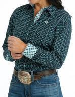 Cinch Women's Long Sleeve Geo Print Button Down Shirt - Blue