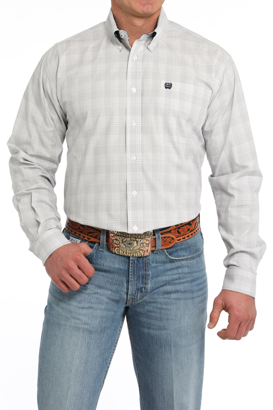 Men's Plaid Button-Down Western Shirt - White