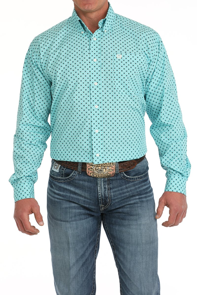Men's Geometric Print Button-Down Western Shirt - Turquoise