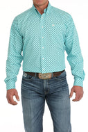 Men's Geometric Print Button-Down Western Shirt - Turquoise