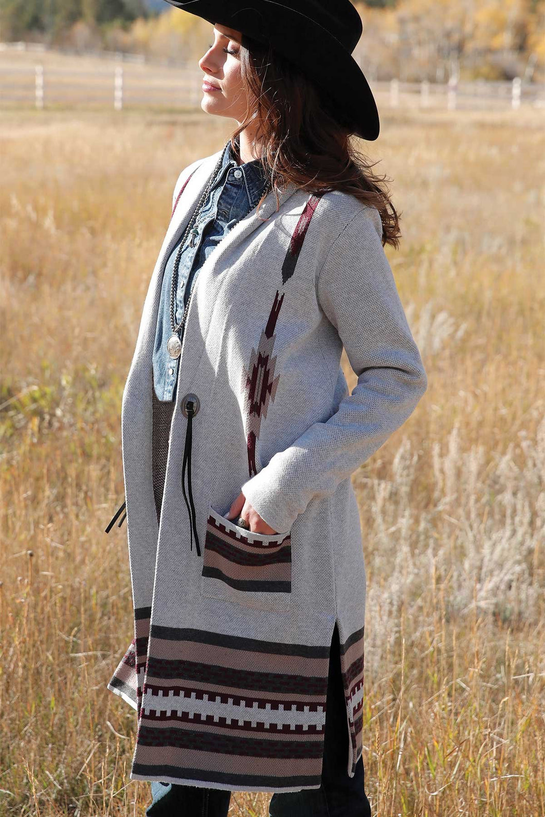 Women's Knitted Duster - Gray/Burgundy