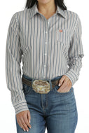 WOMEN'S ARENAFLEX BUTTON-DOWN WESTERN SHIRT - WHITE / LIGHT BLUE
