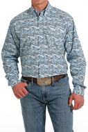 MEN'S PAISLEY PRINT BUTTON-DOWN WESTERN SHIRT - LIGHT BLUE / BLACK / WHITE