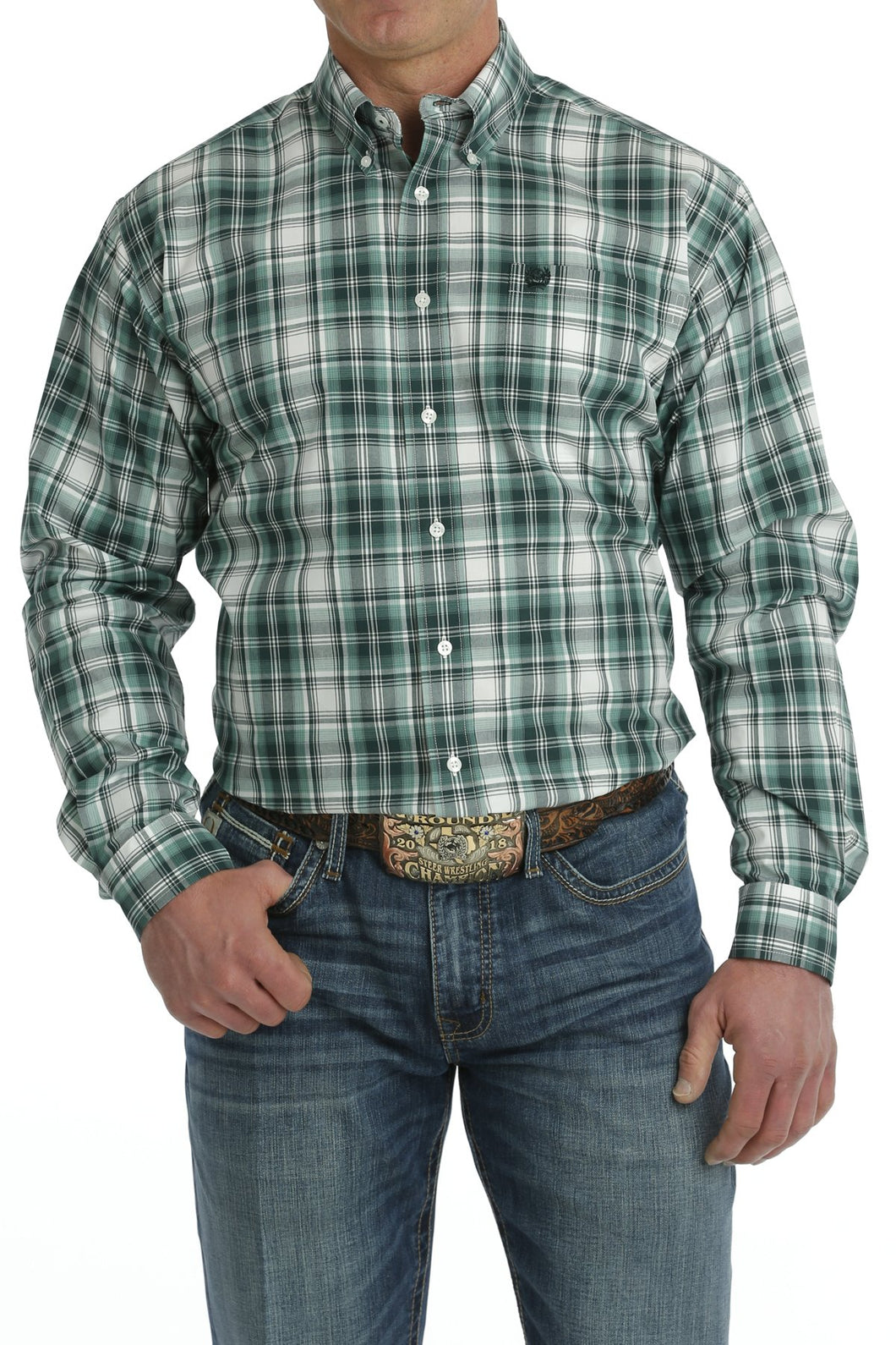 MEN'S PLAID BUTTON-DOWN LONG SLEEVE WESTERN SHIRT - TURQUOISE / WHITE