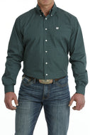 MEN'S GEOMETRIC PRINT BUTTON-DOWN LONG SLEEVE WESTERN SHIRT - GREEN / WHITE