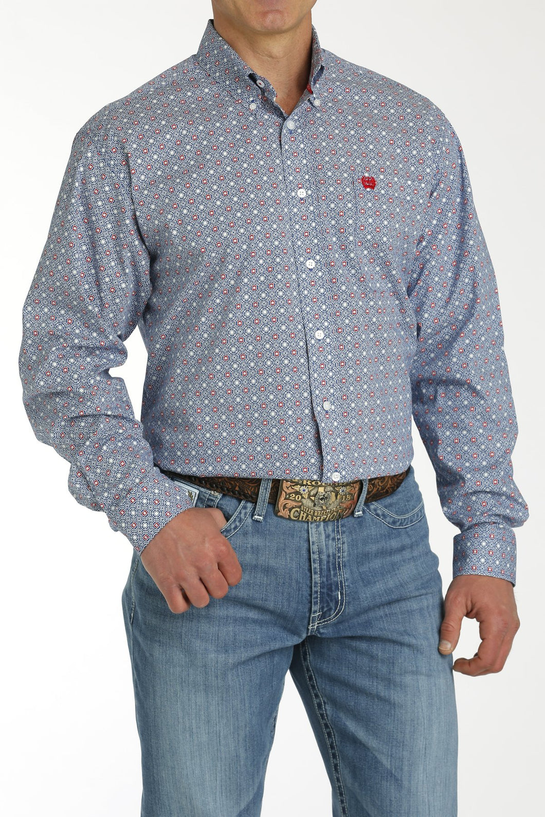 Men's Medallion Print Button-Down Western Shirt - Blue/White