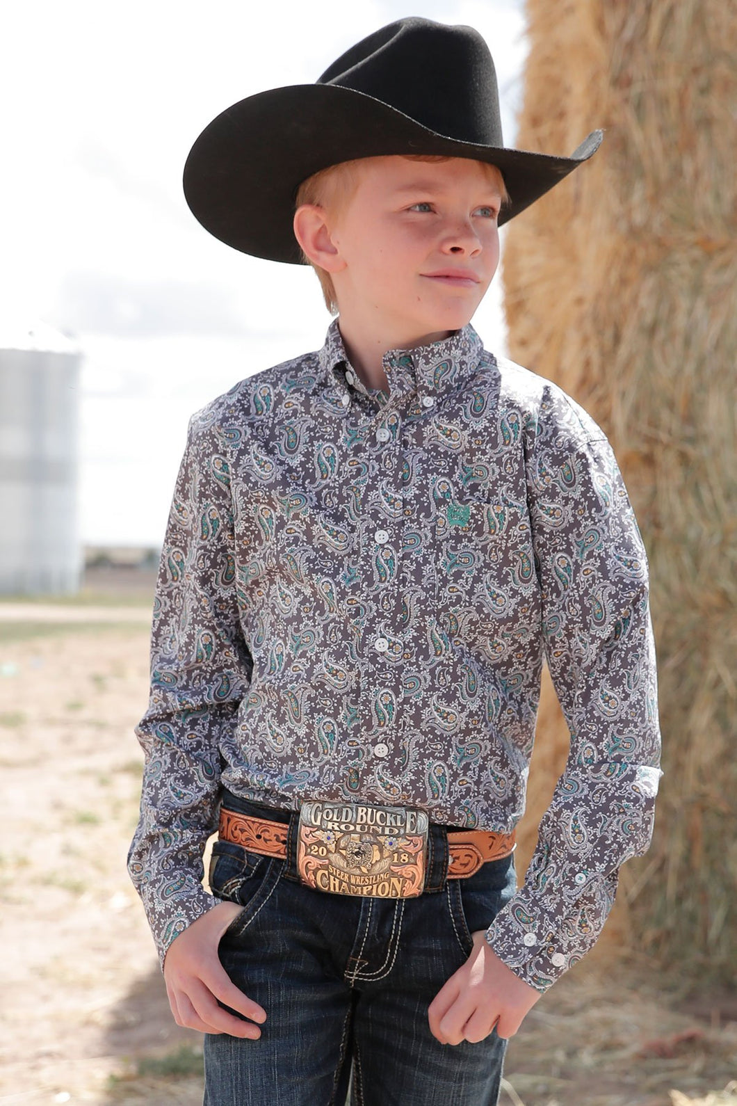 BOY'S MATCH DAD PAISLEY PRINT BUTTON-DOWN WESTERN SHIRT - GRAY / TURQUOISE