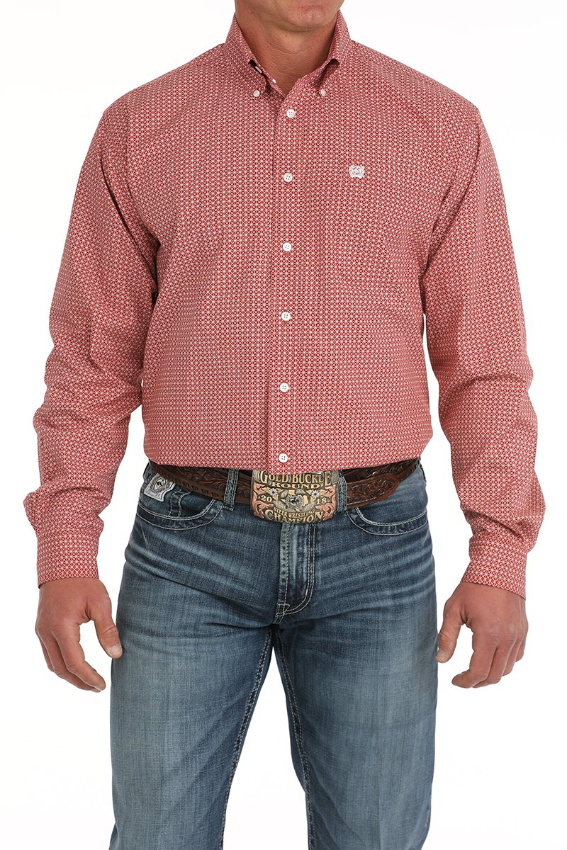 Men's Medallion Print Button-Down Western Shirt - Red