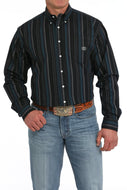Men's Vintage Striped Print Button-Down Western Shirt - Black