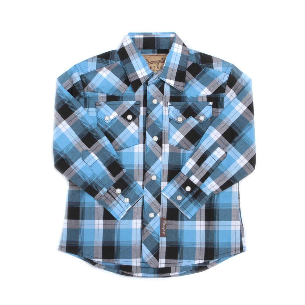 Wrangler Boys Retro Blue Plaid Snap Western Shirt