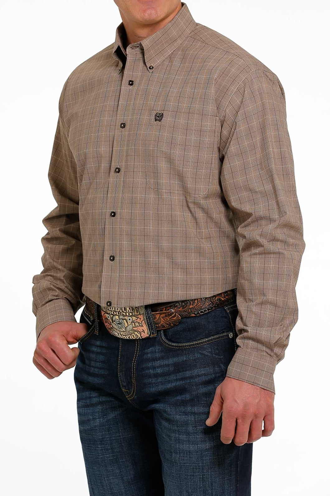 Cinch Men's Dark Khaki with Sand and Chocolate Plaid Long Sleeve Western Shirt