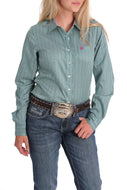 WOMEN'S TENCEL GREEN AND WHITE MICRO-GEOMETRIC PRINT BUTTON-DOWN SHIRT