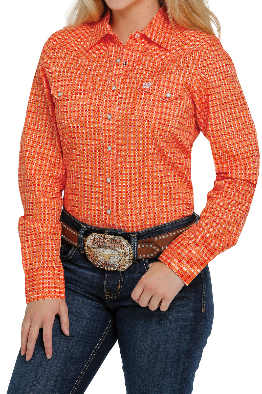 Cinch Womens Orange Digital Print Snap Button Long Sleeve Western Shirt