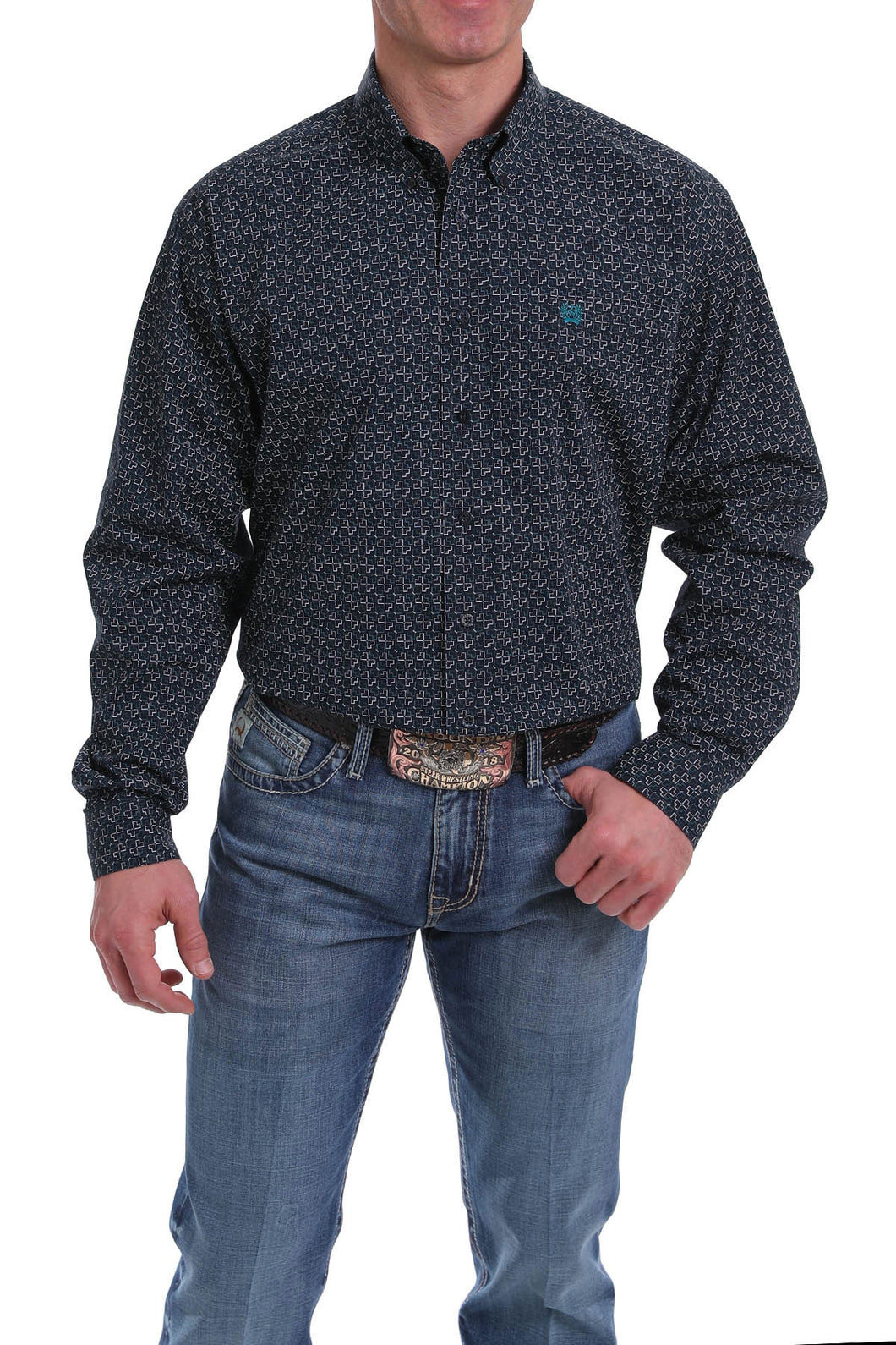 MEN'S NAVY, TEAL AND WHITE GEOMETRIC PRINT BUTTON-DOWN WESTERN SHIRT
