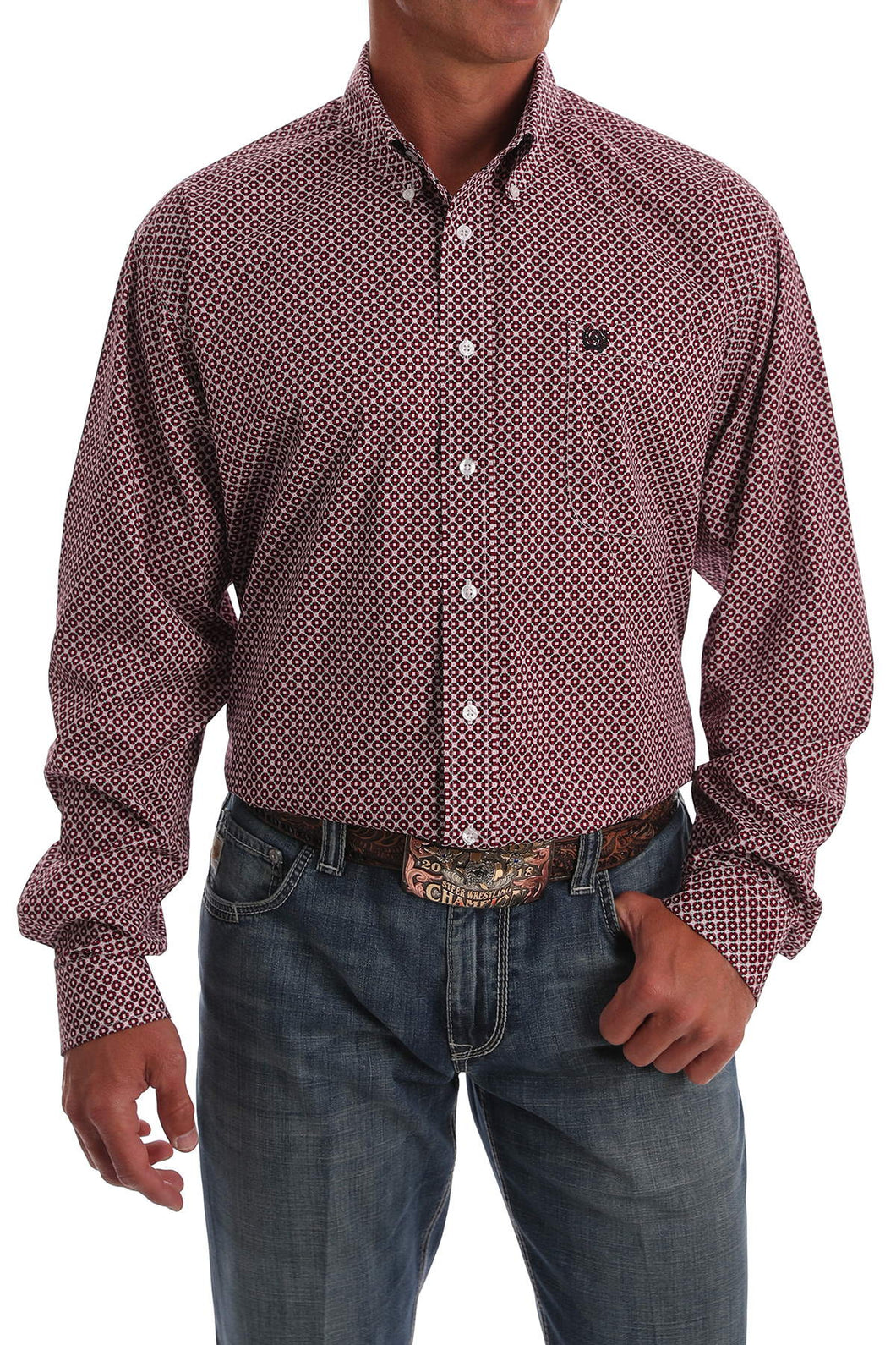 MEN'S RED, WHITE AND BLACK GEOMETRIC PRINT BUTTON-DOWN WESTERN SHIRT
