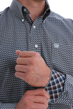 Load image into Gallery viewer, MEN&#39;S BLUE, WHITE AND BROWN GEOMETRIC PRINT BUTTON-DOWN WESTERN SHIRT
