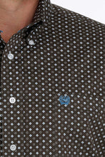 Load image into Gallery viewer, MEN&#39;S STRETCH BROWN, WHITE AND BLUE MEDALLION AND DOT PRINT BUTTON-DOWN SHIRT
