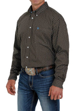 Load image into Gallery viewer, MEN&#39;S STRETCH BROWN, WHITE AND BLUE MEDALLION AND DOT PRINT BUTTON-DOWN SHIRT
