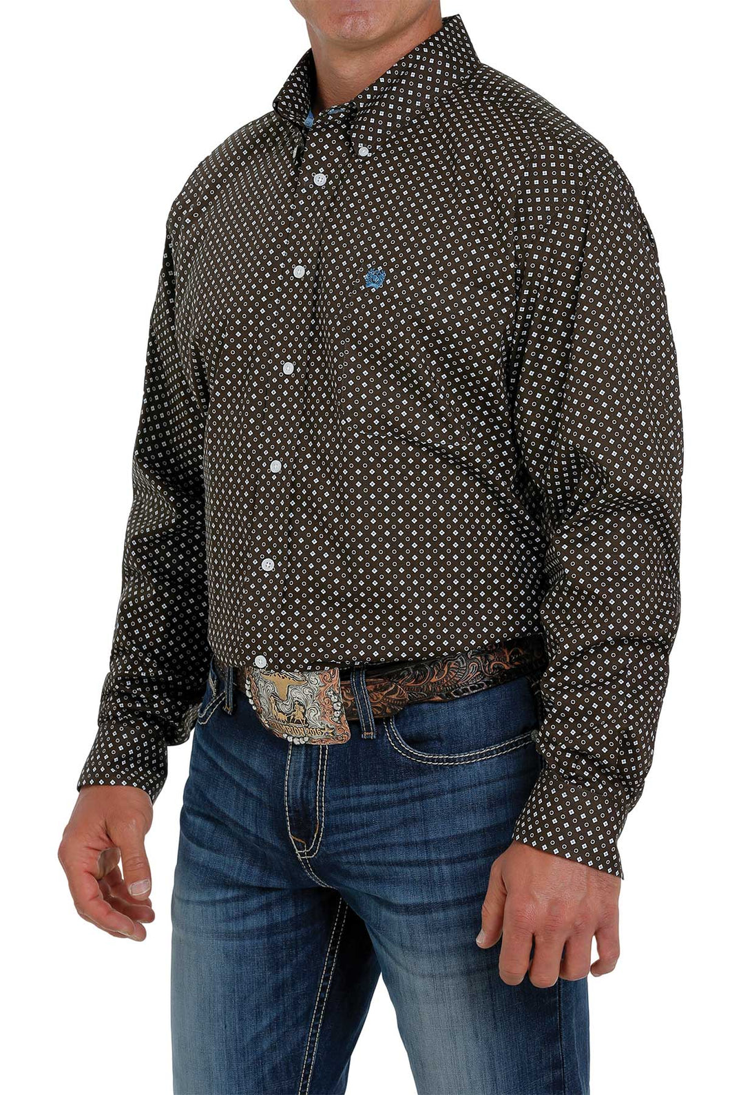 MEN'S STRETCH BROWN, WHITE AND BLUE MEDALLION AND DOT PRINT BUTTON-DOWN SHIRT