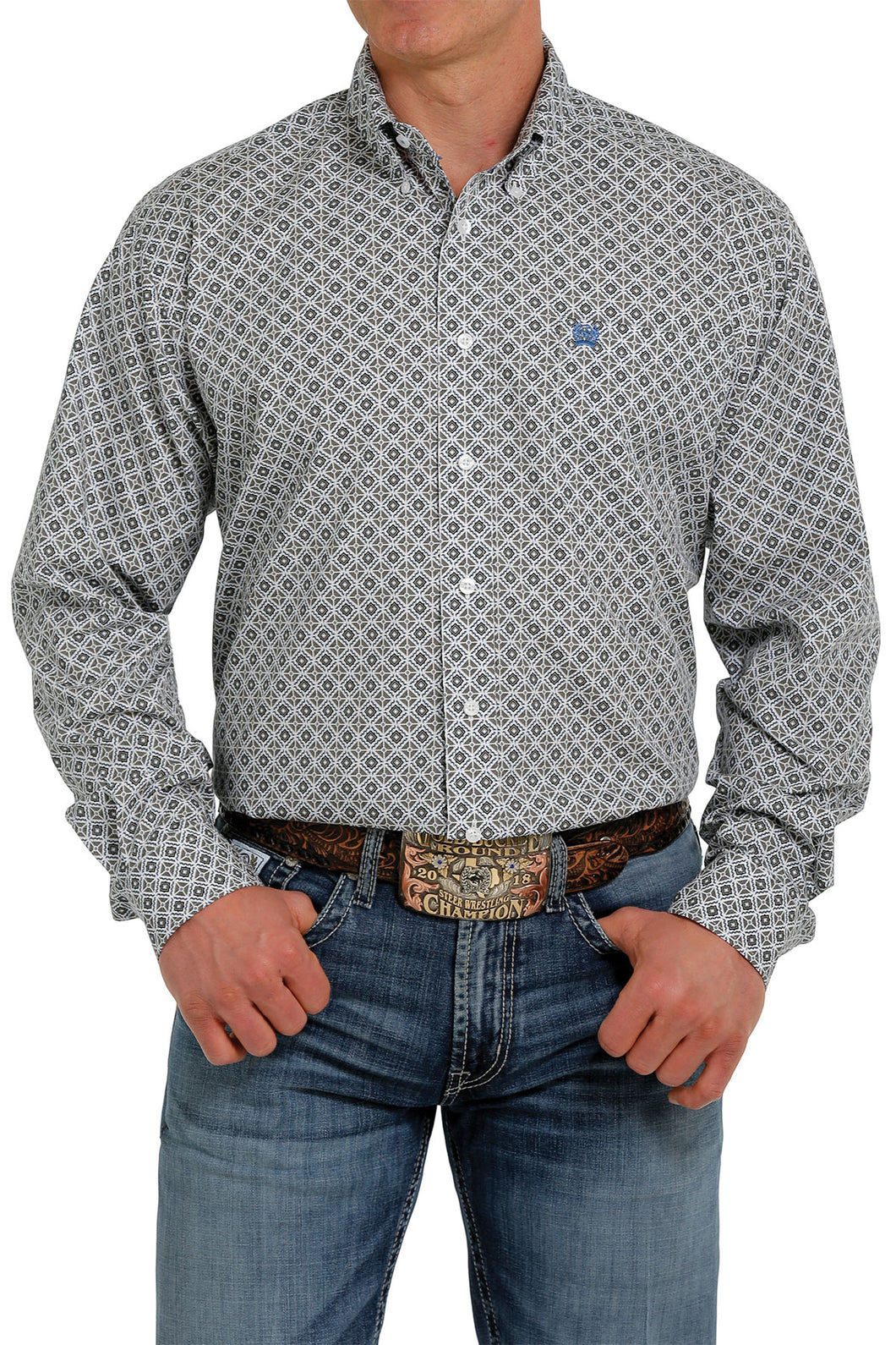 Cinch Men's Grey & Blue Geo Print Button Western Shirt