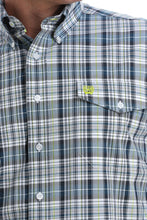 Load image into Gallery viewer, MEN&#39;S NAVY, WHITE AND LIME PLAID DOUBLE POCKET BUTTON-DOWN WESTERN SHIRT
