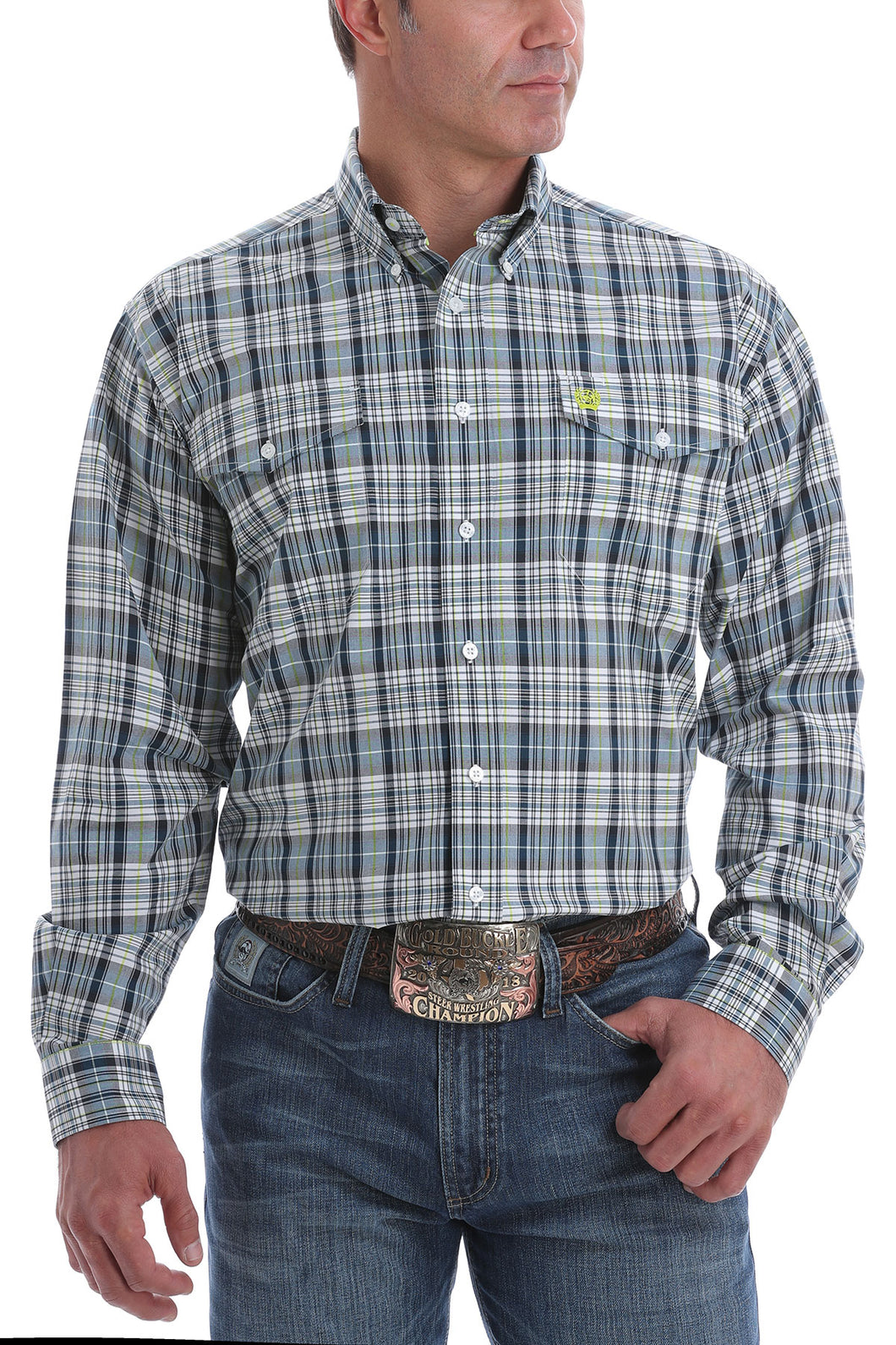 MEN'S NAVY, WHITE AND LIME PLAID DOUBLE POCKET BUTTON-DOWN WESTERN SHIRT