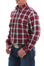 Load image into Gallery viewer, MEN&#39;S BURGUNDY, BLACK AND GRAY PLAID DOUBLE POCKET WESTERN SHIRT
