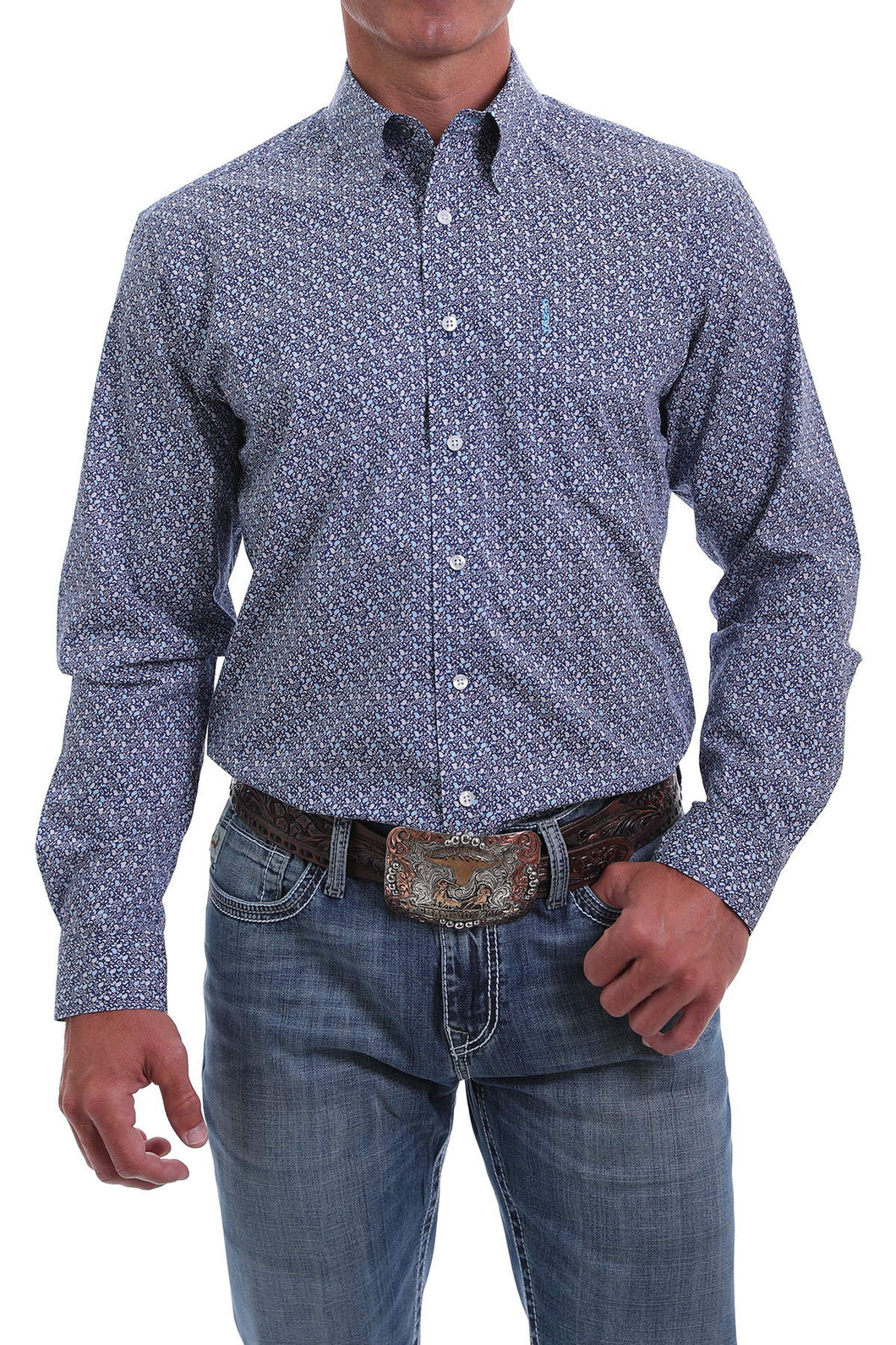 MEN'S MODERN FIT NAVY, GRAY AND BLUE PINE PAISLEY BUTTON-DOWN SHIRT