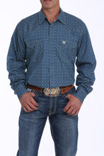 Load image into Gallery viewer, MENS NAVY AND MINT GEOMETRIC PRINT SNAP WESTERN SHIRT
