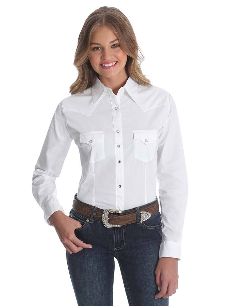 Wrangler Ladies Western Long Sleeve Solid Shirt White