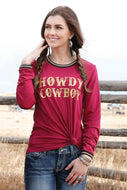 WOMEN'S HOWDY COWBOY RINGER TEE - BURGUNDY