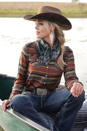 WOMEN'S BUTTON-DOWN WESTERN SHIRT - COPPER / GOLD / OLIVE