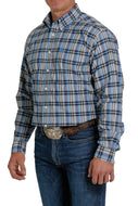 MEN'S ROYAL, BLACK AND WHITE PLAID BUTTON-DOWN