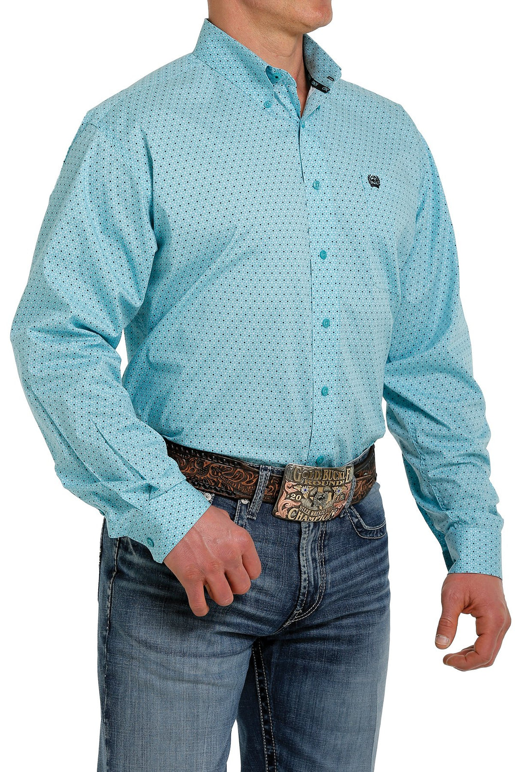 MEN'S STRETCH HONEYCOMB PRINT BUTTON-DOWN WESTERN SHIRT - TURQUOISE