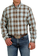 MEN'S OMBRE PLAID BUTTON-DOWN WESTERN SHIRT - BROWN / TURQUOISE