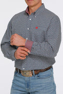 MEN'S GEOMETRIC PRINT BUTTON-DOWN WESTERN SHIRT - NAVY / RED