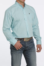 Load image into Gallery viewer, MEN&#39;S SQUARE PRINT BUTTON-DOWN WESTERN SHIRT - AQUA / BROWN
