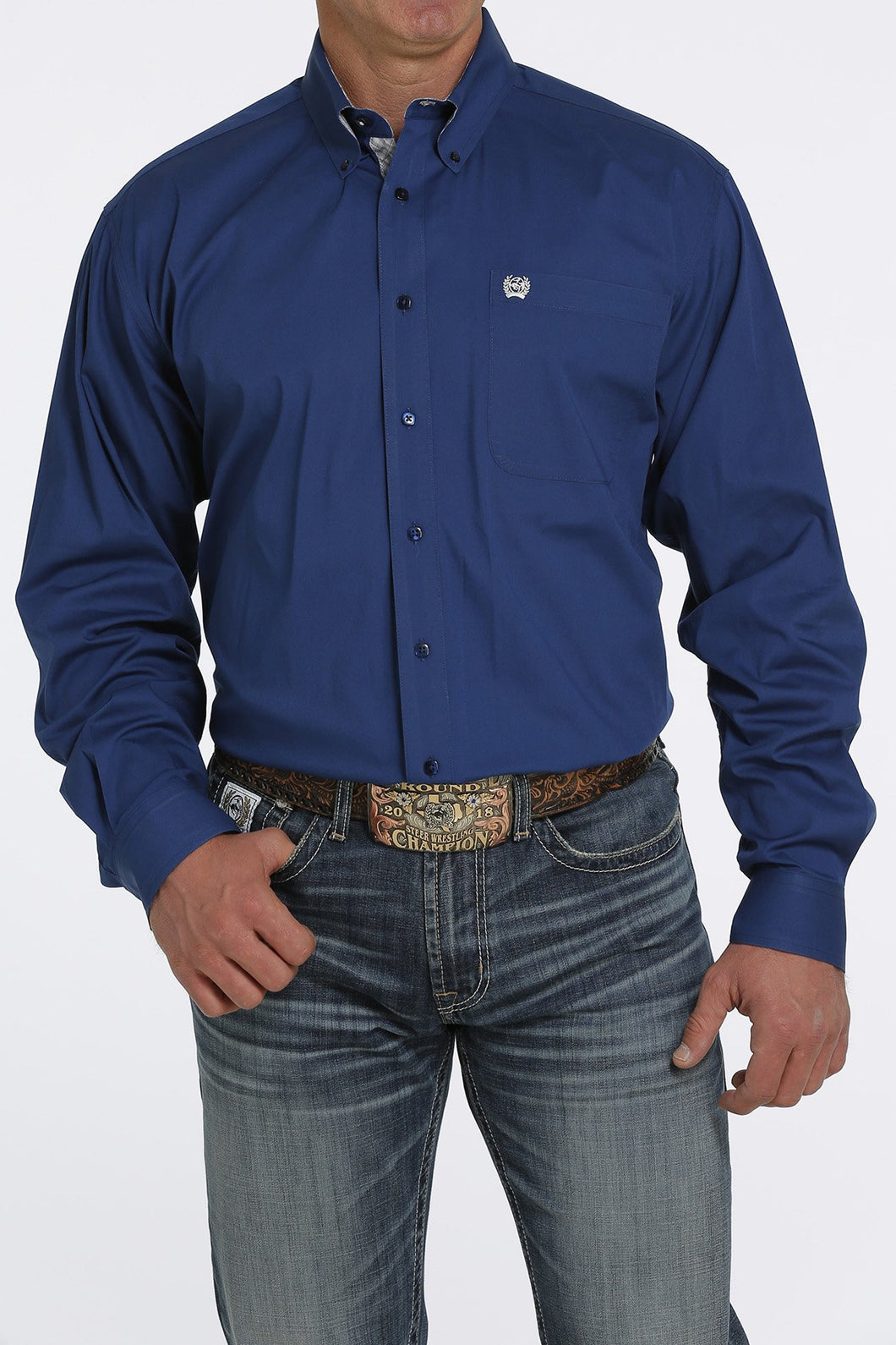 MEN'S STRETCH SOLID BUTTON-DOWN WESTERN SHIRT - ROYAL BLUE