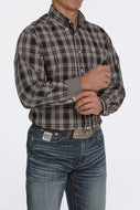 MEN'S PLAID BUTTON-DOWN WESTERN SHIRT - BROWN / CREAM