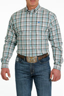MEN'S PLAID BUTTON-DOWN WESTERN SHIRT - WHITE / GREEN / BROWN