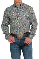 MEN'S PAISLEY PRINT BUTTON-DOWN WESTERN SHIRT - WHITE / BROWN / BLUE / GREEN