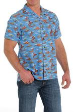 Load image into Gallery viewer, MEN&#39;S COWBOY PRINT SHORT SLEEVE CAMP SHIRT - BLUE
