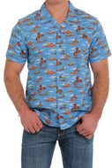 MEN'S COWBOY PRINT SHORT SLEEVE CAMP SHIRT - BLUE