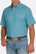 MEN'S GEOMETRIC SHORT SLEEVE ARENAFLEX BUTTON-DOWN SHIRT - TURQUOISE / LIME