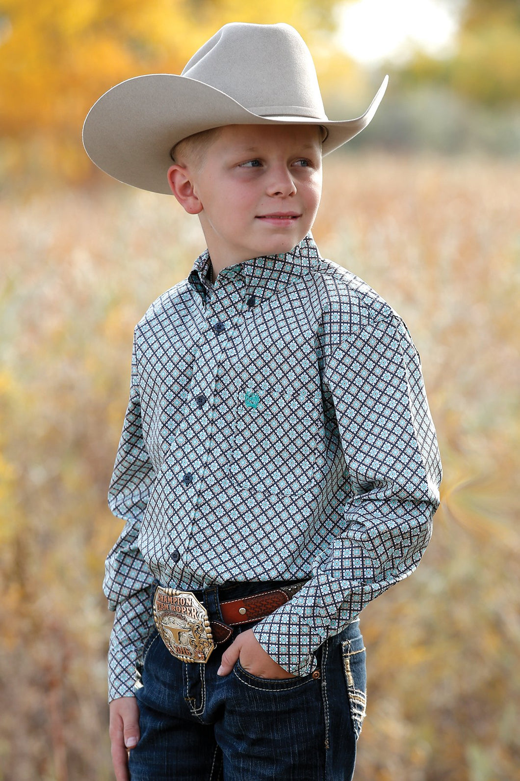 BOYS MATCH DAD PRINT BUTTON-DOWN WESTERN SHIRT CHARCOAL/TURQUOISE